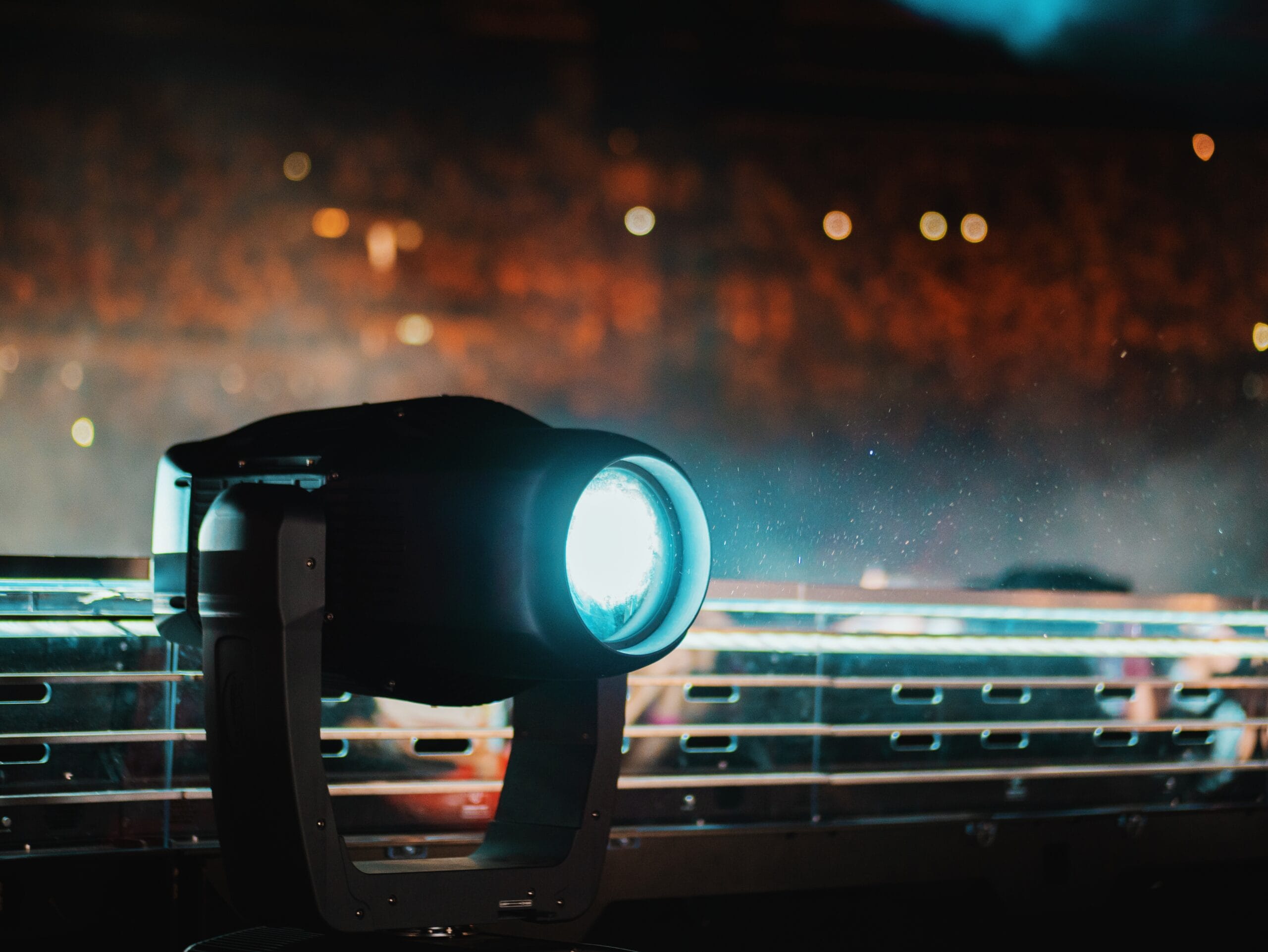 Stage illumination light equipment and projector. Searchlight floor. Element of job lighting. Spotlight on stage during concert. Audio Visual Hire for Conferences